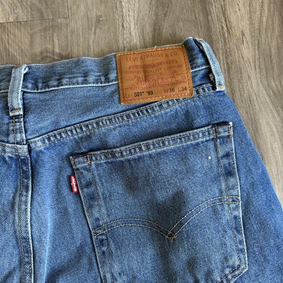 Levis 501 Premium Jeans Mens 36x34 Blue Big E Modern 93 Washed Out Faded Pants - Picture 1 of 8